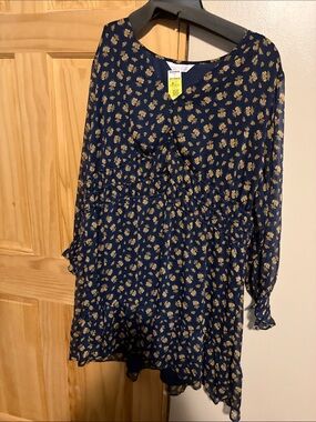 LC Lauren Conrad Navy Midi Dress with Gold Floral Print